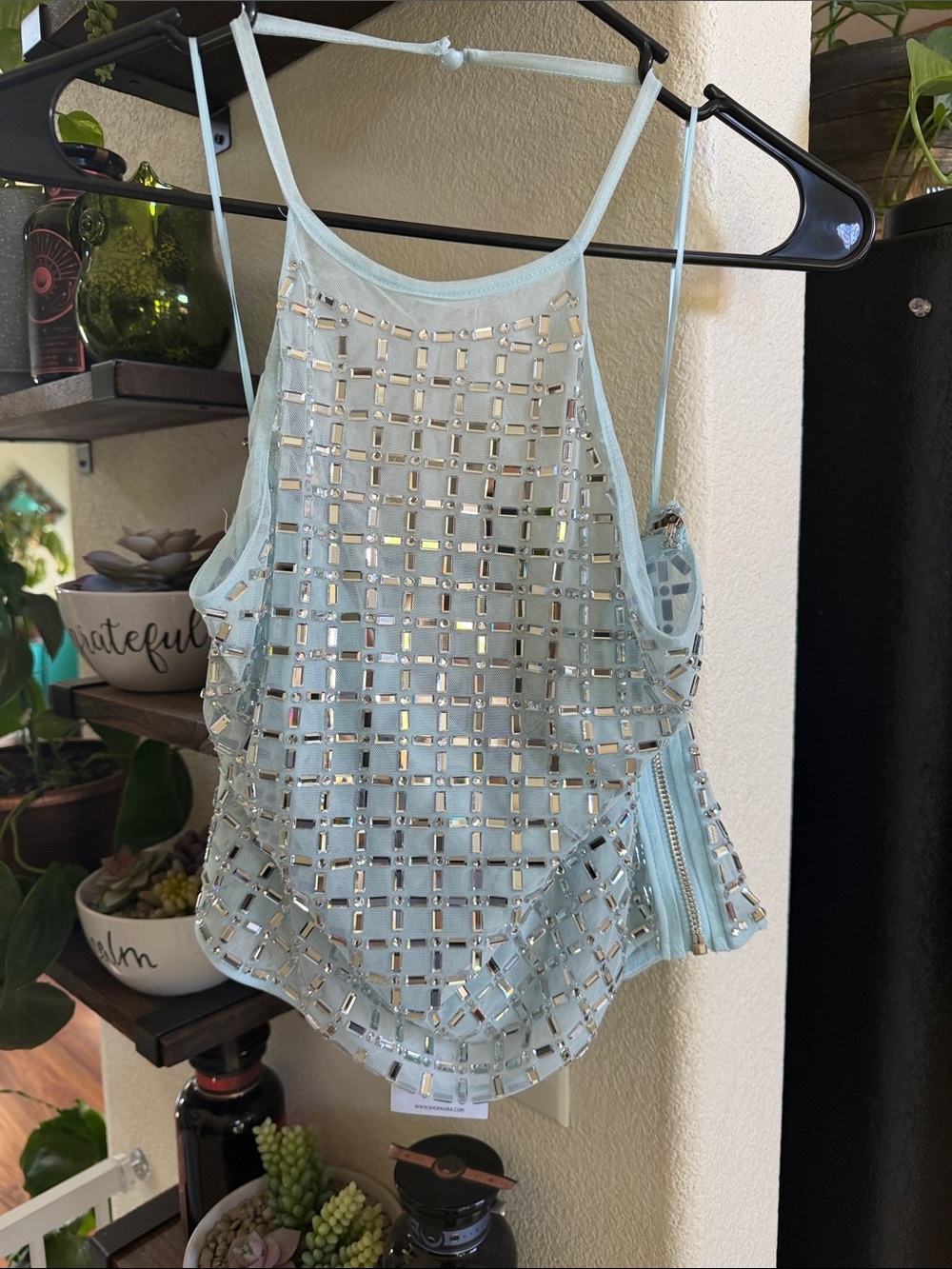 AKIRA Light Blue Embellished Halter Camisole